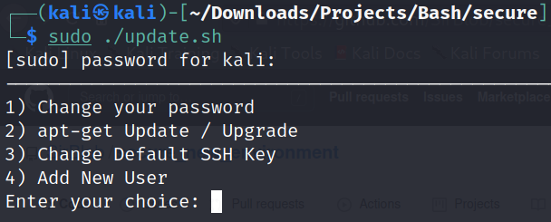 Secure environment script menu in a Kali Linux terminal